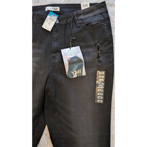 YMI Curvy Fit Women’s Size 14 Skinny Jeans Black High Rise Distressed NWT - Picture 3 of 13